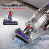 A close-up shot of a vacuum cleaner head and a Dyson vacuum cleaner on a textured rug, with some dirt on the rug. Produktbild-Vorschau