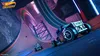 Two toy cars racing on a colorful track in a futuristic setting. Produktbild-Vorschau