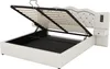A white upholstered bed frame with the mattress support mechanism lifted to reveal storage space underneath. The headboard is tufted and has integrated nightstands with a USB port and a drawer. Voir les images du produit