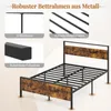 A metal bed frame with a rustic wood-look headboard and footboard, shown with inset images highlighting its features. Produktbild-Vorschau