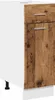 A single kitchen cabinet with a drawer and a door, featuring a white body and a wood-effect front.