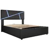 A black upholstered bed frame with a geometric LED-lit headboard and a wooden slat mattress support is shown against a white background. Produktbild-Vorschau