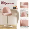 A pink teddy bear chair is shown with descriptive text and close-up images of its features. Produktbild-Vorschau