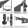 A collage of four images showing details of a retractable awning, including its crank, frame, adjustable feet, and how it can be extended. Produktbild-Vorschau