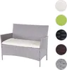 A gray poly-rattan garden bench with a cream cushion, shown against a white background. Several colored circles are displayed to the right, indicating color options. Podgląd zdjęcia produktu