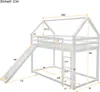 A diagram showing the dimensions of a white bunk bed with a slide and ladder. Produktbild-Vorschau