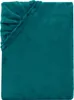 A close-up view of a teal-colored fitted sheet, showing the texture and elasticized corner. Produktbild-Vorschau