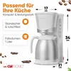 A white and silver Clatronic coffee maker with a thermal carafe, shown with text overlays highlighting its features and dimensions, and scattered coffee beans. Anteprima dell’immagine prodotto