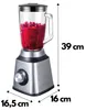 A silver and black blender filled with a red mixture, with dimensions indicated by dotted lines and text. Produktbild-Vorschau