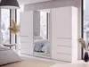 A modern bedroom with a large white wardrobe featuring mirrored doors, reflecting a bed with blue bedding. Produktbild-Vorschau