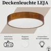 A ceiling light with a wooden frame and a white diffuser, presented with descriptive text and icons. Produktbild-Vorschau
