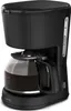 A black coffee maker with a glass carafe filled with coffee sits on a white background. Produktbild-Vorschau