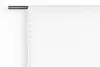 A white lace-edged curtain hanging from a metal rod against a white background. Produktbild-Vorschau