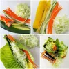 A collage of images showing the preparation and assembly of vegetable wraps. Voir les images du produit