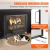A fireplace screen with a dog lying on a rug in front of it, with close-up views of the screen's features. Voir les images du produit