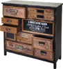 A vintage-style apothecary cabinet with multiple drawers, some decorated with patterned paper and license plates. Podgląd zdjęcia produktu