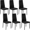 Six black dining chairs are arranged in two rows of three against a white background.