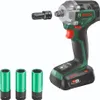 A Bosch cordless impact wrench with accessories, including an adapter and three sockets, is displayed against a white background. Náhľad obrázku produktu