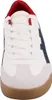 A close-up, front-facing view of a white Skechers sneaker with navy and red accents and a brown sole. Produktbild-Vorschau