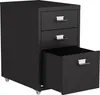 A black three-drawer filing cabinet on wheels, with the bottom drawer pulled out. Podgląd zdjęcia produktu