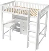 A white loft bed with a desk and shelves underneath, shown from a diagonal angle. Produktbild-Vorschau
