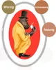 A stylized illustration of a gorilla in a suit and top hat drinking from a coffee cup, surrounded by circles with descriptive text. Produktbild-Vorschau