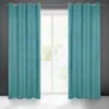 Two teal curtains are shown hanging in front of a window. Voir les images du produit