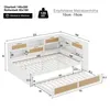 A diagram of a white bed frame with dimensions and storage compartments, showing an extended trundle bed. Voir les images du produit