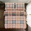 A neatly made bed with a plaid pattern duvet and pillowcases, placed on a wooden floor next to a rug and a plant. Produktbild-Vorschau