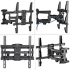 A collage of four images showing different angles and configurations of a black TV wall mount. Podgląd zdjęcia produktu