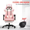 A pink and white gaming chair is shown with a close-up of a caster wheel and text highlighting features. Produktbild-Vorschau