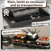 A split image showing a raclette grill stored in a drawer and then in use with food. Náhľad obrázku produktu