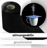 A roll of black fabric is shown next to a circular inset image of a white mug with a blue lid and steam rising. Produktbild-Vorschau