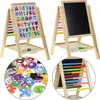 A collage of images showing a wooden easel with a blackboard and a whiteboard, featuring magnetic letters and numbers, and an abacus. Voir les images du produit