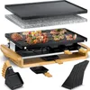 A raclette grill with various cooking surfaces and accessories, displayed on a white background. Produktbild-Vorschau