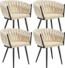 Four beige upholstered chairs with black metal legs arranged in a 2x2 grid against a white background.
