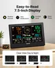 A digital weather station is displayed on a table, with marketing text and feature icons above it. Below the station, there are examples of the display in different lighting conditions. Produktbild-Vorschau