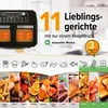 A marketing image for a dual-chamber air fryer, showcasing its features and food options. Produktbild-Vorschau