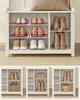 Collage of images showing a white shoe cabinet with different shoe arrangements and storage baskets. Náhled obrázku produktu