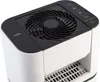 A close-up, studio shot of a white and black air dehumidifier and fan. Voir les images du produit