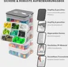 A multi-tiered storage box filled with colorful building blocks, with feature callouts on the right side. Produktbild-Vorschau