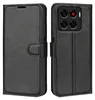 A black leather flip wallet case for a smartphone is shown from two angles. Produktbild-Vorschau