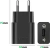 A black Sony USB charger with its dimensions shown. Produktbild-Vorschau