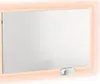 A white infrared heating panel is shown against a soft orange background. Voir les images du produit