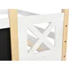 A close-up view of a white wooden bed frame with a natural wood post and a black panel. Produktbild-Vorschau