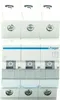 A close-up, front-facing view of a three-pole circuit breaker. Produktbild-Vorschau