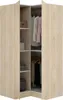An open corner wardrobe with shelves and hanging clothes. Produktbild-Vorschau