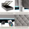 A collage of images showcasing different features of a bed, including storage, lighting, and upholstery. Produktbild-Vorschau