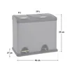A grey dual-compartment trash can with dimensions indicated. Voir les images du produit