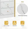 Close-up of a white furniture piece with a marble-like pattern on drawers, alongside icons highlighting product features. Podgląd zdjęcia produktu